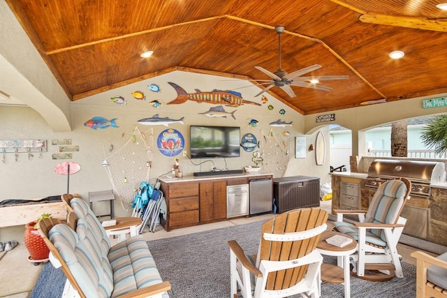 122 Bay Ct, Aransas Pass, TX 78336 - living room with ceiling fan, lofted ceiling, and wood ceiling