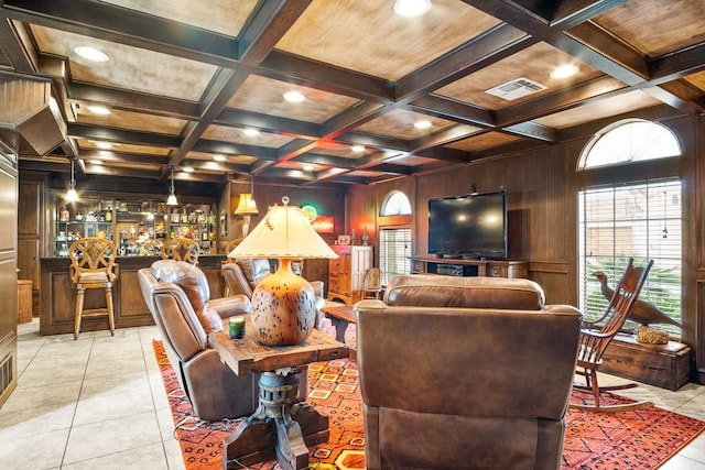 122 Bay Ct, Aransas Pass, TX 78336 - living area featuring coffered ceiling, beamed ceiling, recessed lighting, wooden walls, and bar area