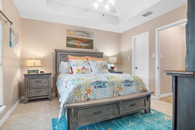122 Bay Ct, Aransas Pass, TX 78336 - tiled bedroom featuring a tray ceiling, baseboards, and a ceiling fan