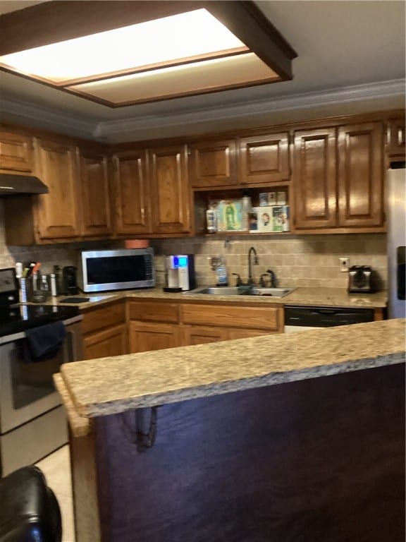 kitchen featuring decorative backsplash, ornamental molding, white range oven, sink, and black dishwasher