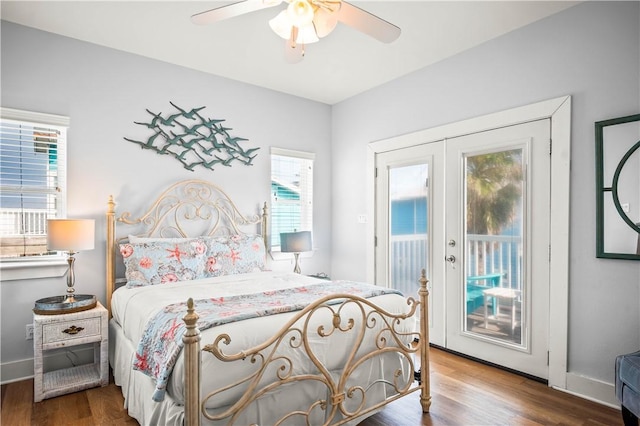 678 Anchor Dr, Port Aransas, TX 78373 - bedroom with access to exterior, wood finished floors, ceiling fan, and baseboards