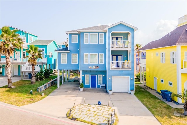 678 Anchor Dr, Port Aransas, TX 78373 - raised beach house featuring concrete driveway, a balcony, an attached garage, a front lawn, and a carport