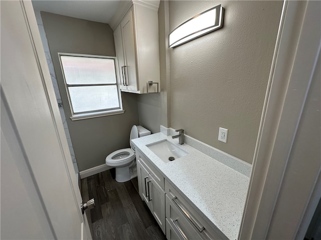 bathroom with toilet, vanity, and hardwood / wood-style floors