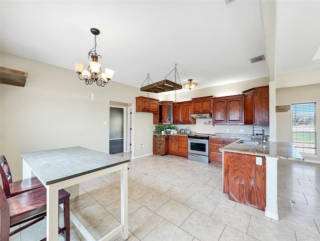 kitchen featuring light stone countertops, kitchen peninsula, sink, pendant lighting, and stainless steel electric range oven