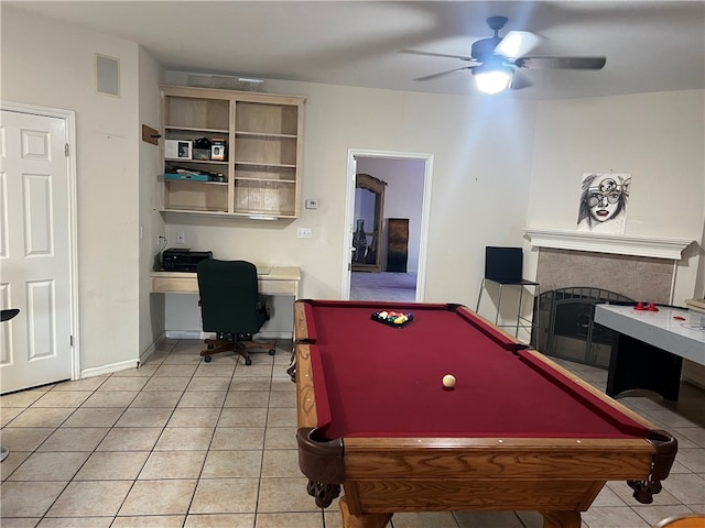 rec room with billiards, light tile patterned flooring, and ceiling fan