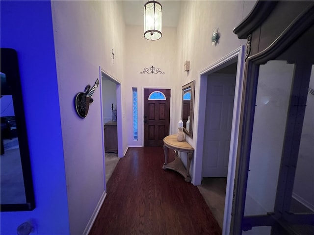 corridor featuring dark hardwood / wood-style floors and a high ceiling