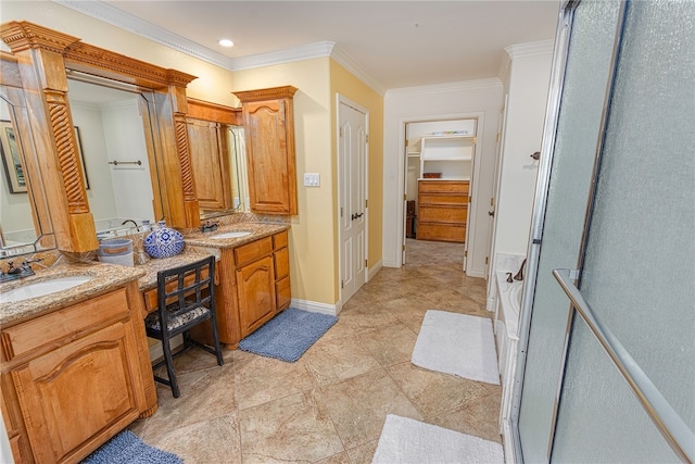 bathroom featuring ornamental molding, vanity, tile patterned floors, and a shower with door