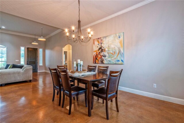 4609 Tuscan Way, Corpus Christi, TX 78410 - dining area with concrete flooring, arched walkways, a chandelier, and crown molding