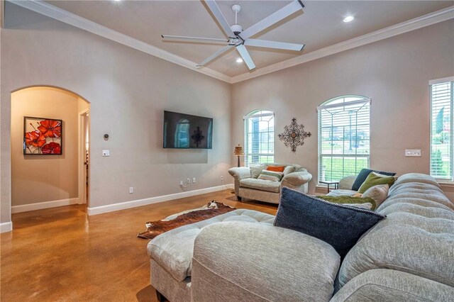4609 Tuscan Way, Corpus Christi, TX 78410 - living room with ornamental molding, healthy amount of natural light, a ceiling fan, arched walkways, and recessed lighting