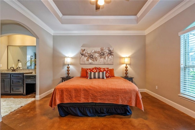 4609 Tuscan Way, Corpus Christi, TX 78410 - bedroom featuring a tray ceiling, ensuite bath, crown molding, wet bar, and a ceiling fan