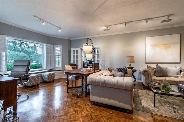 261 Louisiana Ave, Corpus Christi, TX 78404 - living room featuring track lighting, an office area, crown molding, and a textured ceiling