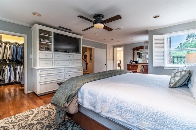 261 Louisiana Ave, Corpus Christi, TX 78404 - bedroom featuring crown molding, wood finished floors, recessed lighting, a spacious closet, and ceiling fan