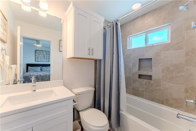 full bathroom with ensuite bath, toilet, vanity, and shower / bathtub combination with curtain