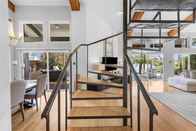 staircase featuring a wealth of natural light, a high ceiling, an inviting chandelier, and wood finished floors