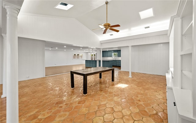 playroom featuring high vaulted ceiling, ceiling fan, ornate columns, and crown molding