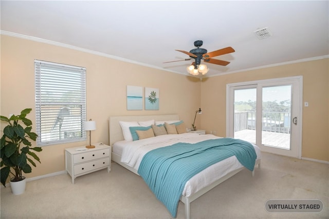 bedroom with visible vents, baseboards, access to exterior, crown molding, and light colored carpet