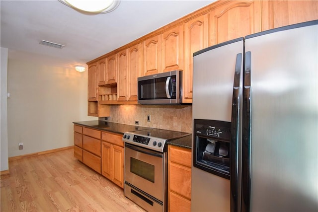 kitchen featuring light wood-type flooring, visible vents, appliances with stainless steel finishes, decorative backsplash, and baseboards