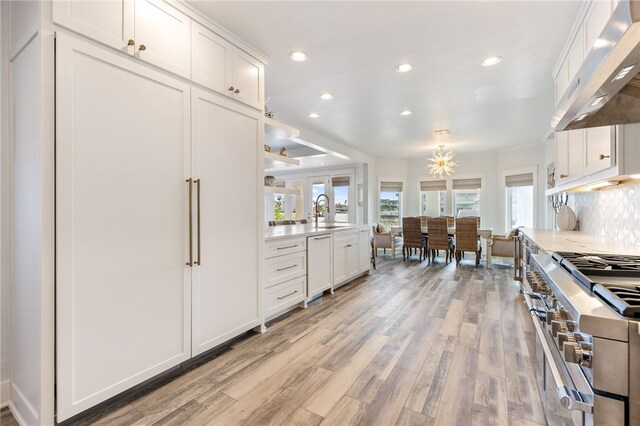 kitchen with white cabinets, high end stove, and exhaust hood