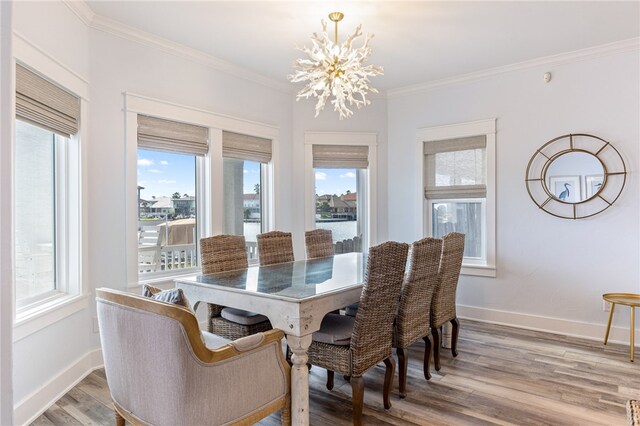 dining room featuring wood-type flooring, a healthy amount of sunlight, and a notable chandelier