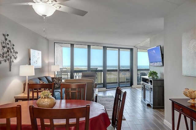 dining room with floor to ceiling windows, ceiling fan, and a healthy amount of sunlight