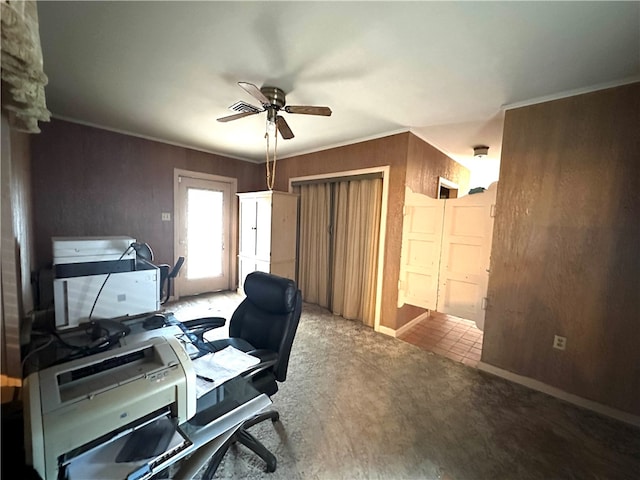 home office with ornamental molding and ceiling fan