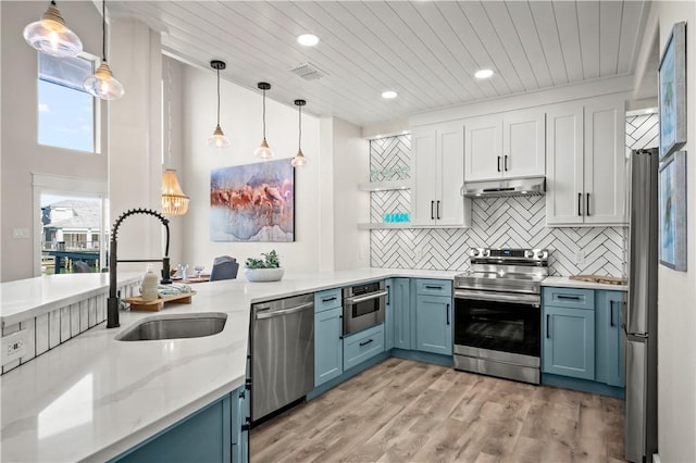 kitchen with appliances with stainless steel finishes, blue cabinets, a sink, and under cabinet range hood