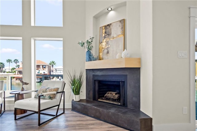 living area with a fireplace with raised hearth, baseboards, and wood finished floors