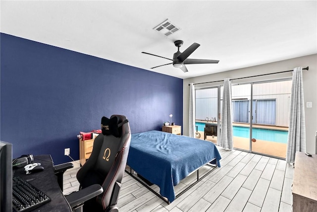 bedroom featuring access to outside and ceiling fan