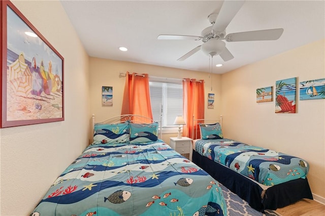 bedroom featuring a ceiling fan and recessed lighting