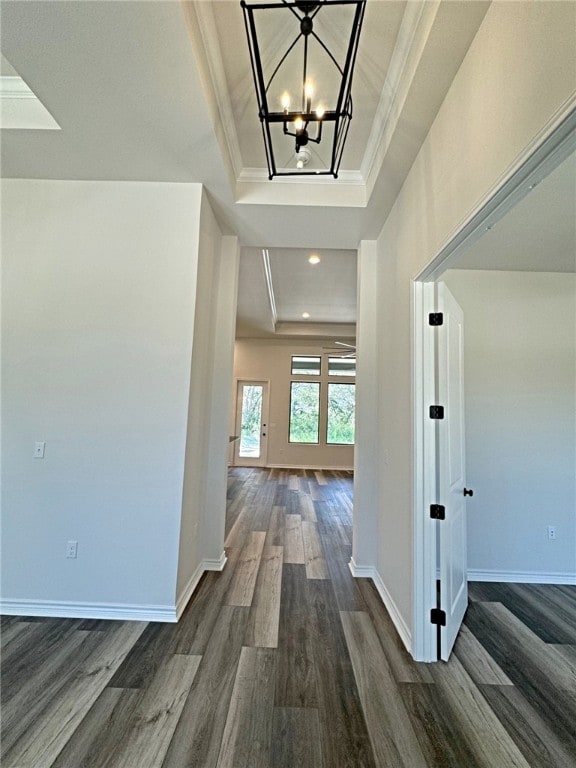 corridor featuring crown molding, a notable chandelier, dark hardwood / wood-style floors, and a raised ceiling