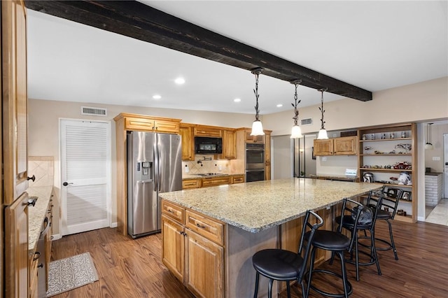 2641 Linn, Corpus Christi, TX 78410 - kitchen with stainless steel appliances, beamed ceiling, open shelves, dark wood-type flooring, and recessed lighting