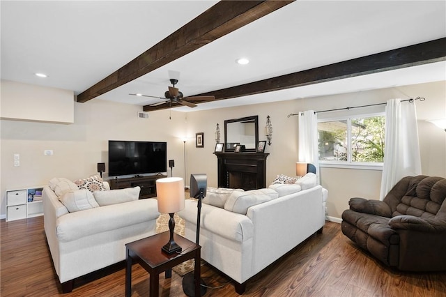 2641 Linn, Corpus Christi, TX 78410 - living area featuring a ceiling fan, beamed ceiling, dark wood-style flooring, and recessed lighting