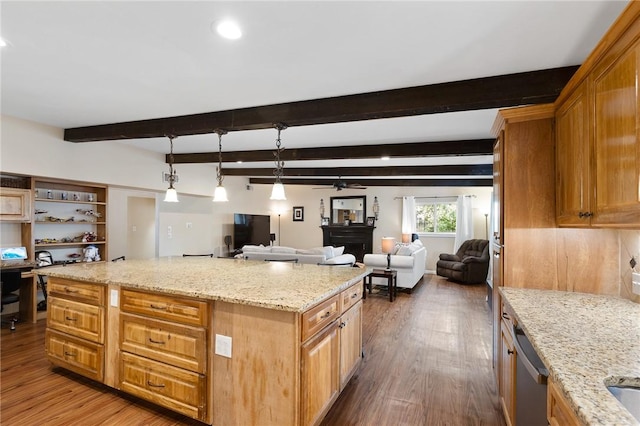 2641 Linn, Corpus Christi, TX 78410 - kitchen with dishwasher, dark wood-type flooring, a ceiling fan, a center island, and open floor plan
