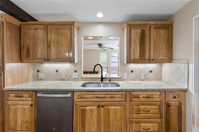 2641 Linn, Corpus Christi, TX 78410 - kitchen with dishwasher, decorative backsplash, ceiling fan, and light stone counters