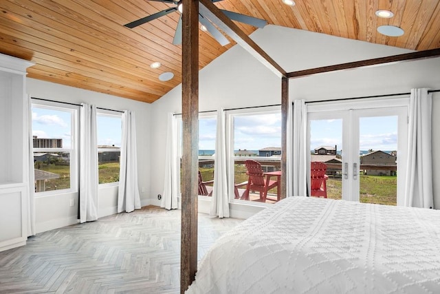 411 S 12th St, Port Aransas, TX 78373 - bedroom featuring access to outside, wood ceiling, recessed lighting, french doors, and high vaulted ceiling