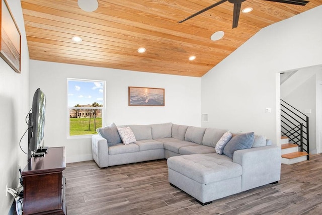 411 S 12th St, Port Aransas, TX 78373 - living room featuring wood ceiling, ceiling fan, vaulted ceiling, wood finished floors, and recessed lighting