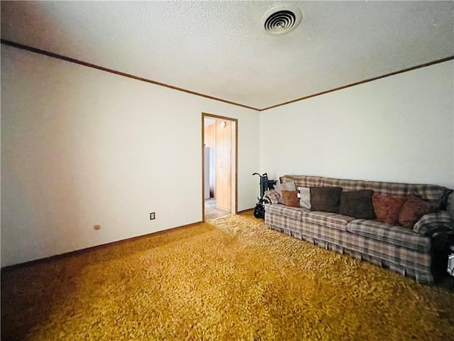 unfurnished living room featuring crown molding, light colored carpet, visible vents, and a textured ceiling