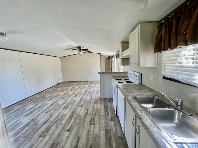 kitchen with electric range, a sink, a ceiling fan, wood finished floors, and vaulted ceiling
