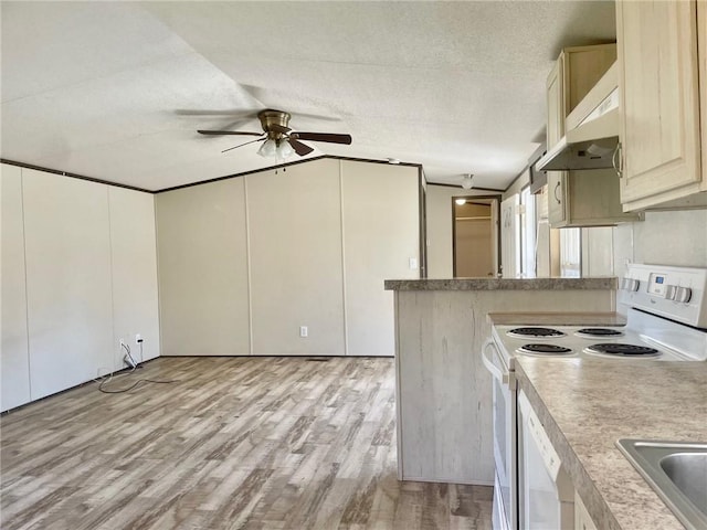 kitchen with white electric range oven, dishwashing machine, under cabinet range hood, a ceiling fan, and light wood-style flooring