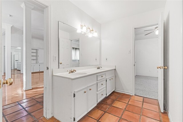 bathroom with vanity, tile patterned floors, and ceiling fan