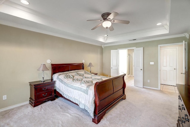 6613 Belvoir Ave, Corpus Christi, TX 78414 - bedroom featuring crown molding, a tray ceiling, light colored carpet, recessed lighting, and ceiling fan