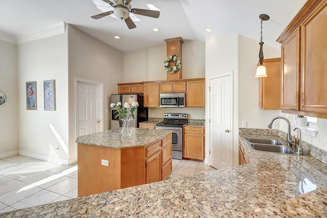 6613 Belvoir Ave, Corpus Christi, TX 78414 - kitchen with stainless steel appliances, a high ceiling, light tile patterned floors, a ceiling fan, and light stone counters