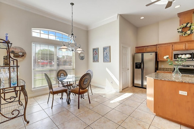 6613 Belvoir Ave, Corpus Christi, TX 78414 - dining space featuring a ceiling fan, healthy amount of natural light, ornamental molding, light tile patterned flooring, and recessed lighting