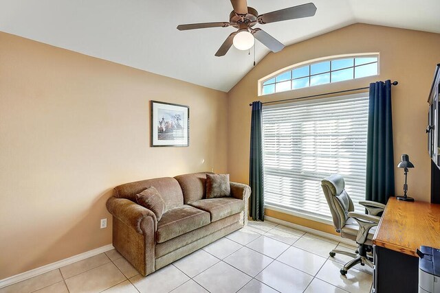 6613 Belvoir Ave, Corpus Christi, TX 78414 - home office with vaulted ceiling, ceiling fan, and light tile patterned flooring