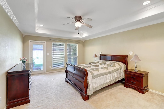 6613 Belvoir Ave, Corpus Christi, TX 78414 - carpeted bedroom featuring a tray ceiling, access to exterior, crown molding, recessed lighting, and a ceiling fan