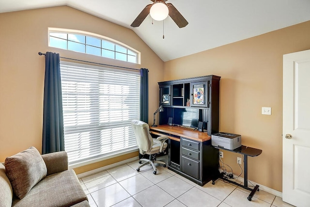 6613 Belvoir Ave, Corpus Christi, TX 78414 - home office featuring lofted ceiling, a ceiling fan, and light tile patterned flooring