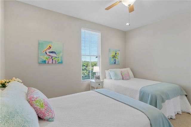 carpeted bedroom with multiple windows and ceiling fan