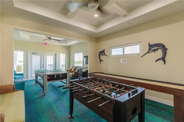 15110 Arashi Beach Dr, Corpus Christi, TX 78418 - rec room featuring a ceiling fan, carpet floors, a tray ceiling, beamed ceiling, and french doors