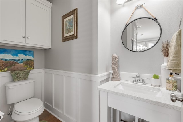 bathroom featuring vanity, hardwood / wood-style flooring, and toilet