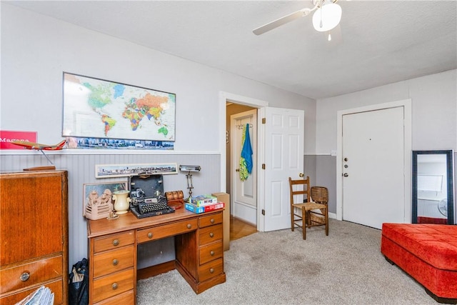4009 Pope Dr, Corpus Christi, TX 78411 - carpeted home office with ceiling fan and wainscoting